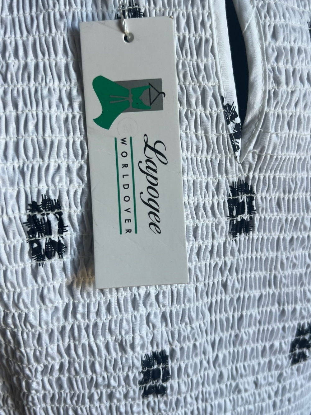 White Smocked Midi Dress with Black Embroidery and Tan Buckle Belt - Picture 6 of 6